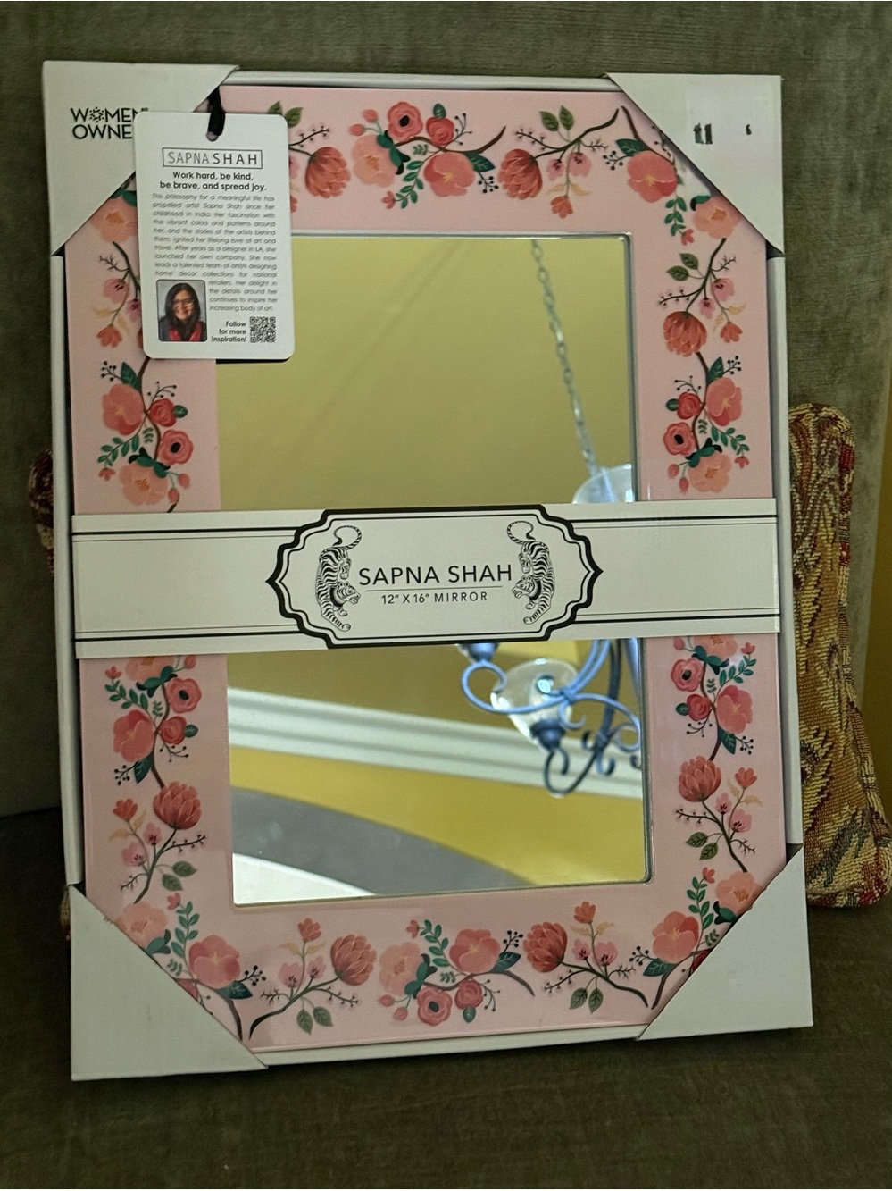 SAPNA SHAH 12" X 16" Pink Floral Flowers Designer Rectangle Accent Mirror